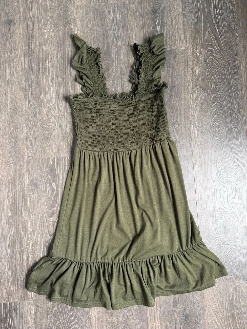 Olive Green Smocked Sundress with Ruffle Straps Cottagecore Boho Size Small - Picture 2 of 5